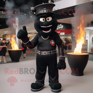 Black Fire Eater mascot costume character dressed with a V-Neck Tee and Shoe laces