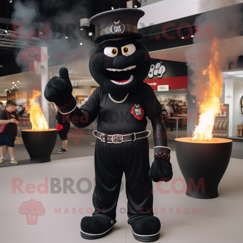 Black Fire Eater mascot costume character dressed with a V-Neck Tee and Shoe laces