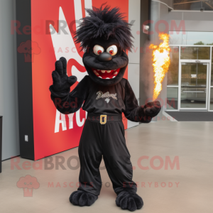 Black Fire Eater mascot costume character dressed with a V-Neck Tee and Shoe laces