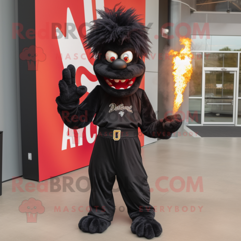 Black Fire Eater mascot costume character dressed with a V-Neck Tee and Shoe laces Black Fire Eater mascot costume character dressed with a V-Neck Tee and Shoe laces