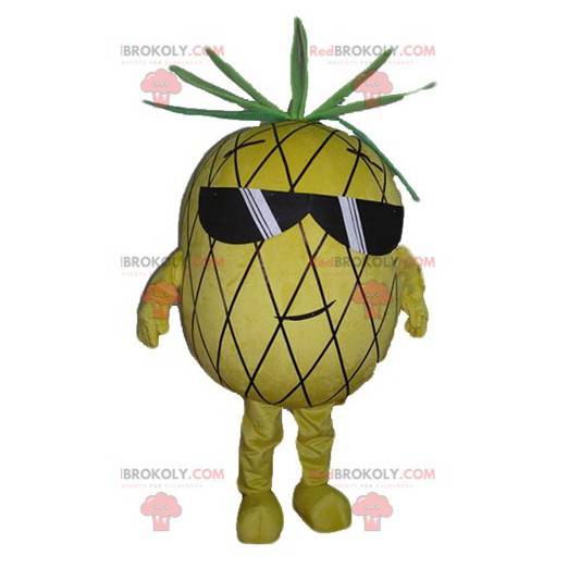 Mascotte d'ananas jaune et vert avec des lunettes de soleil -