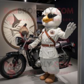 nan Dove mascot costume character dressed with a Moto Jacket and Watches