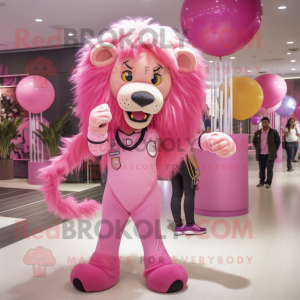 Pink Tamer Lion mascot costume character dressed with a Leggings and Necklaces