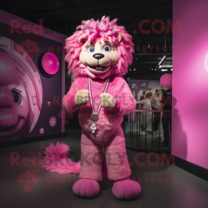 Pink Tamer Lion mascot costume character dressed with a Leggings and Necklaces