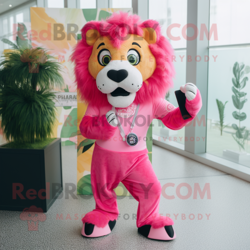 Pink Tamer Lion mascot costume character dressed with a Leggings and Necklaces Pink Tamer Lion mascot costume character dressed with a Leggings and Necklaces