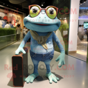 Cyan Frog mascot costume character dressed with a Denim Shorts and Eyeglasses