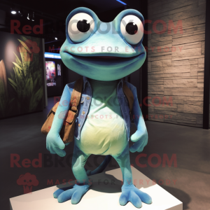 Cyan Frog mascot costume character dressed with a Denim Shorts and Eyeglasses