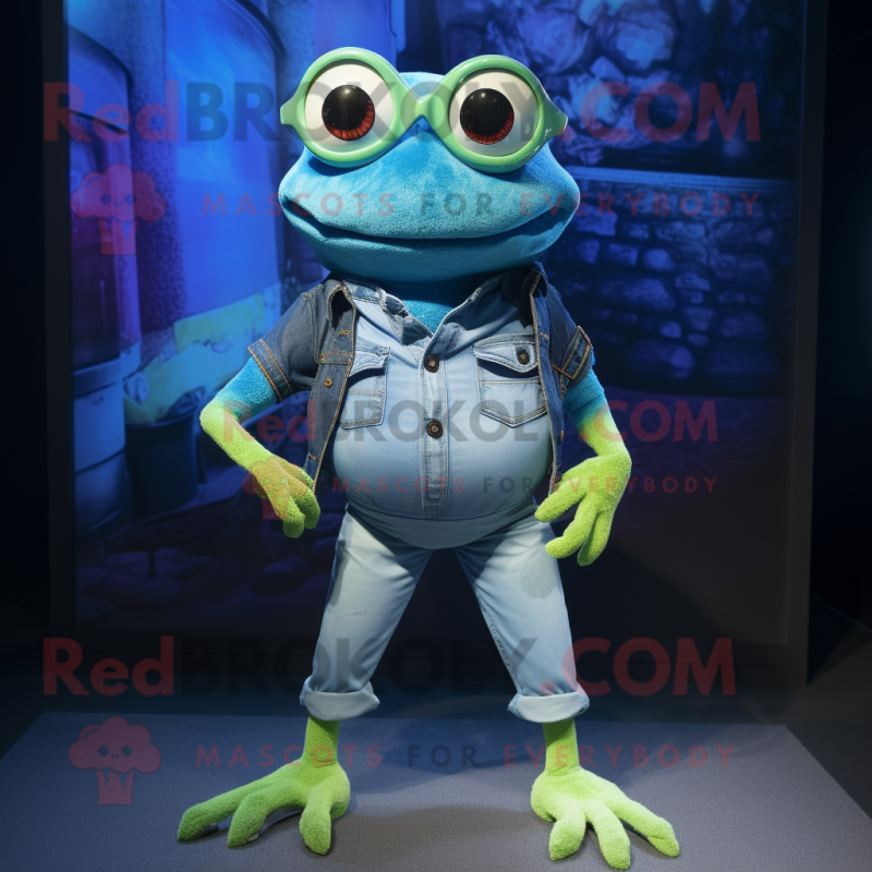 Cyan Frog mascot costume character dressed with a Denim Shorts and Eyeglasses