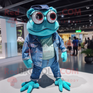 Cyan Frog mascot costume character dressed with a Denim Shorts and Eyeglasses