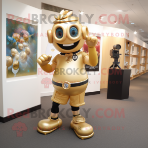 Gold Camera mascot costume character dressed with a Rugby Shirt and Anklets