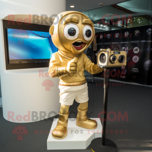 Gold Camera mascot costume character dressed with a Rugby Shirt and Anklets