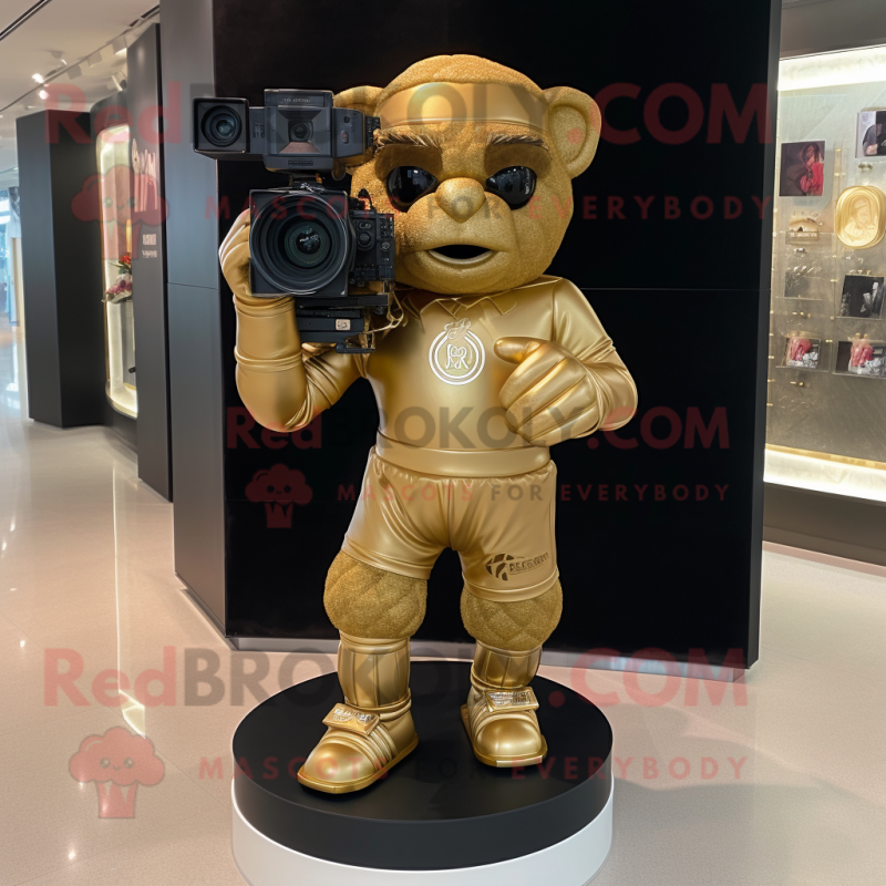 Gold Camera mascot costume character dressed with a Rugby Shirt and Anklets