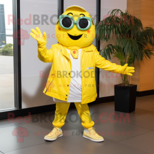Lemon Yellow Paella mascot costume character dressed with a Leather Jacket and Shoe laces