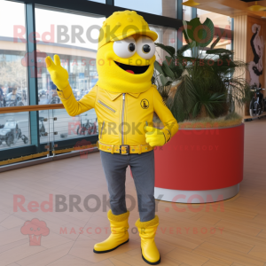 Lemon Yellow Paella mascot costume character dressed with a Leather Jacket and Shoe laces