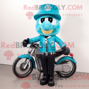 Maskotfigur af en cyan...