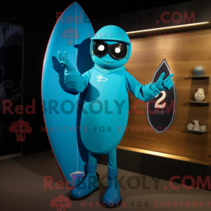 Maskotfigur af et cyan...