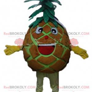 Mascotte d'ananas géant marron et vert très souriant et fun -