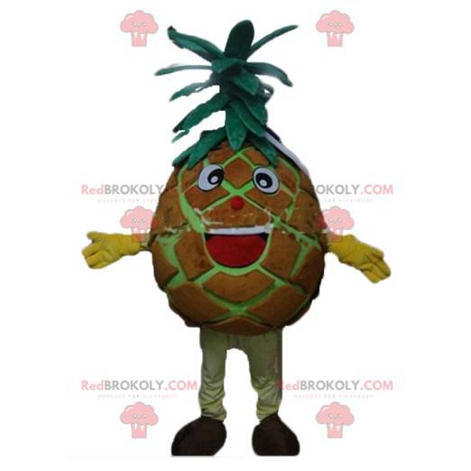 Obří hnědý a zelený ananasový maskot velmi usměvavý a zábavný -
