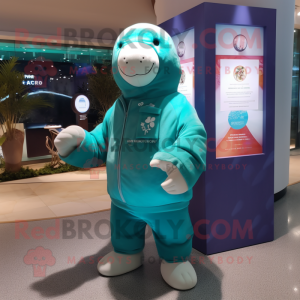 Turquoise Stellar'S Sea Cow mascot costume character dressed with a Parka and Digital watches