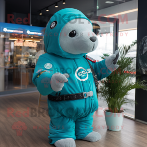 Turquoise Stellar'S Sea Cow mascot costume character dressed with a Parka and Digital watches