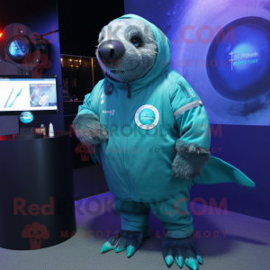 Turquoise Stellar'S Sea Cow mascot costume character dressed with a Parka and Digital watches