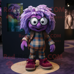 Purple Medusa mascot costume character dressed with a Flannel Shirt and Eyeglasses