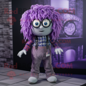 Purple Medusa mascot costume character dressed with a Flannel Shirt and Eyeglasses