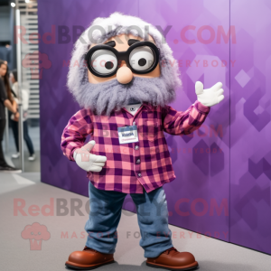 Purple Medusa mascot costume character dressed with a Flannel Shirt and Eyeglasses