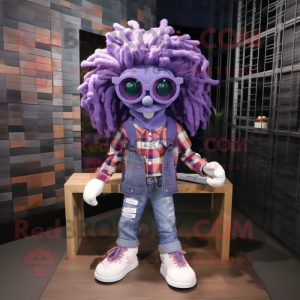 Purple Medusa mascot costume character dressed with a Flannel Shirt and Eyeglasses