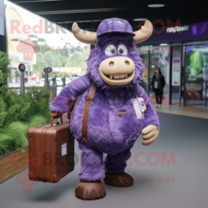 Purple Beef Wellington mascot costume character dressed with a Cargo Shorts and Briefcases