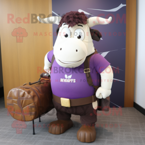 Purple Beef Wellington mascot costume character dressed with a Cargo Shorts and Briefcases