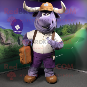 Purple Beef Wellington mascot costume character dressed with a Cargo Shorts and Briefcases