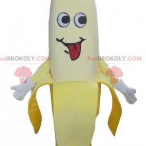 Mascote gigante banana amarelo com uma tampa rosa -