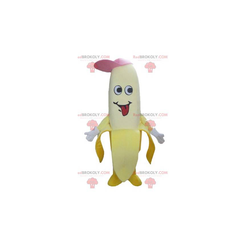 Mascote gigante banana amarelo com uma tampa rosa -