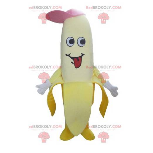 Mascota de plátano amarillo gigante con una gorra rosa -