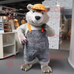 Silver Capybara mascot costume character dressed with a Dungarees and Beanies