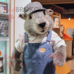 Silver Capybara mascot costume character dressed with a Dungarees and Beanies