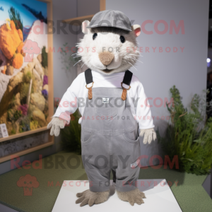 Silver Capybara mascot costume character dressed with a Dungarees and Beanies