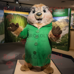 Green Marmot mascot costume character dressed with a Sheath Dress and Gloves