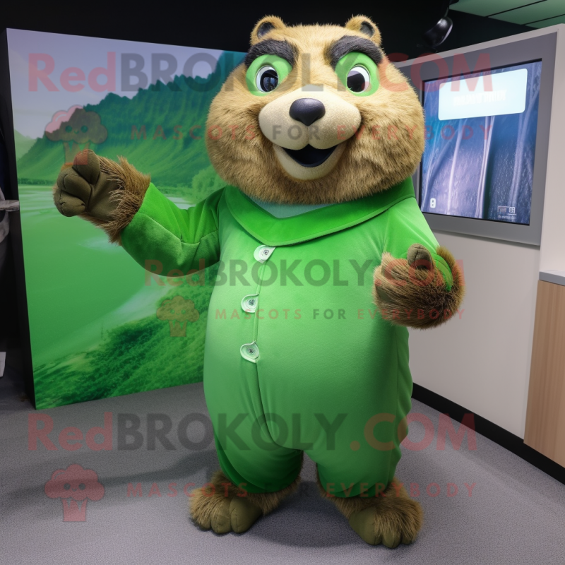 Green Marmot mascot costume character dressed with a Sheath Dress and Gloves