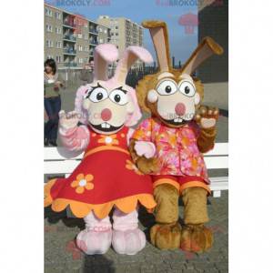 Paar mascottes roze en bruin konijn - Redbrokoly.com