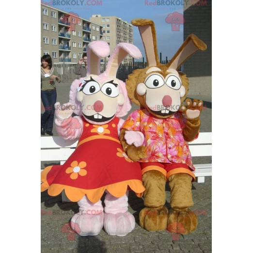 Mascottes de couple de lapin rose et marron - Redbrokoly.com