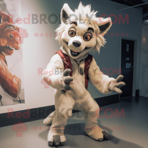 Cream Hyena mascot costume character dressed with a Jeans and Foot pads