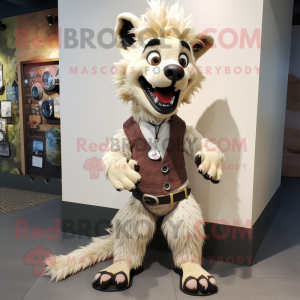 Cream Hyena mascot costume character dressed with a Jeans and Foot pads