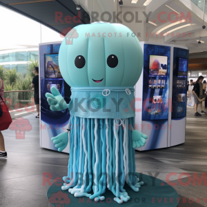 Maskotkarakter av en cyan...