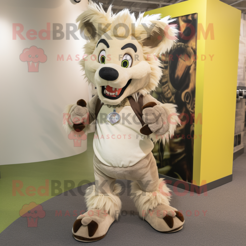 Cream Hyena mascot costume character dressed with a Jeans and Foot pads