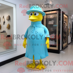 Maskotkarakter af en cyan...