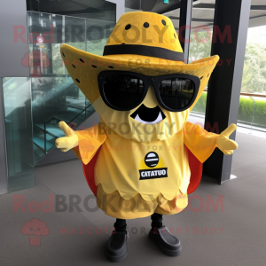 Lemon Yellow Nachos mascot costume character dressed with a Button-Up Shirt and Sunglasses