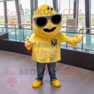 Lemon Yellow Nachos mascot costume character dressed with a Button-Up Shirt and Sunglasses