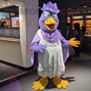 Lavender Butter Chicken mascot costume character dressed with a Cover-up and Anklets